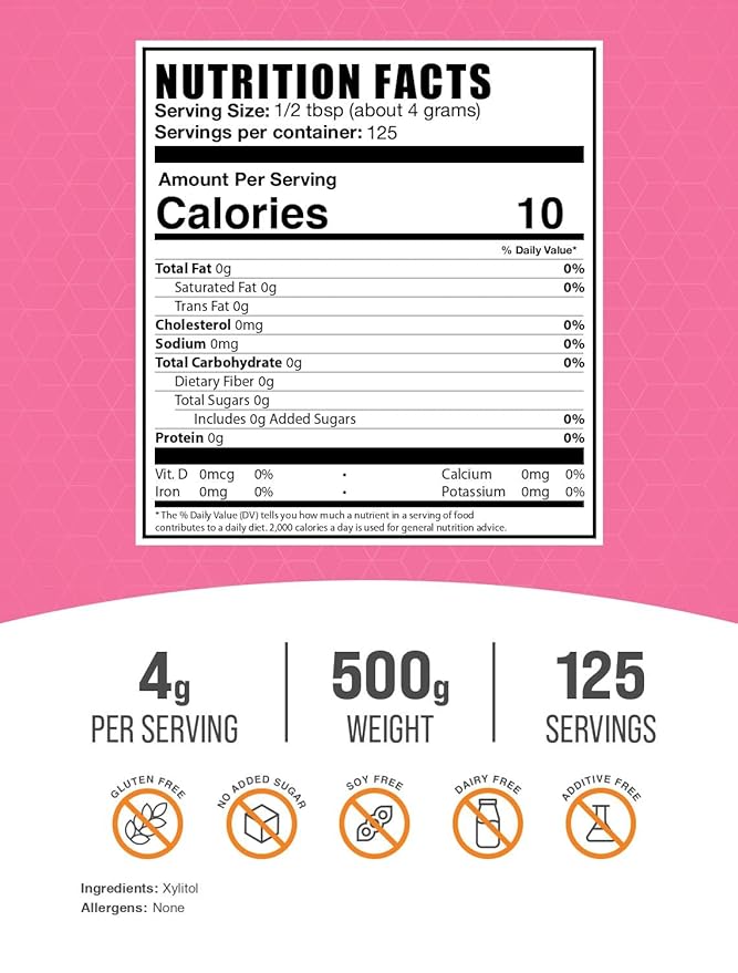 BulkSupplements.com Xylitol Powder - Natural Sugar Substitute &amp Sugar Alternative - Sweetener For Baking &amp Cooking Gluten Free - 4g per Servings 125 Servings (500 Grams - 1.1 lbs)
