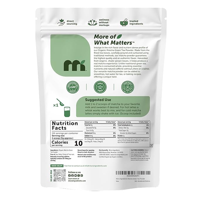 Micro Ingredients Organic Matcha Green Tea Powder First Harvest Culinary Grade from Japan 100% Pure &amp Unflavored Great for Tea Latte &amp Smoothies Non-GMO No Sugar Eco-Friendly Packagin
