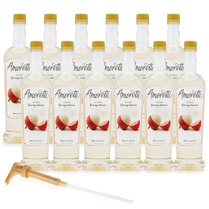 Amoretti - Lychee Beverage Infusion 94 Servings Per Bottle (750 ml) - Drink Mix &amp Water Enhancer with Pump for Flavoring Cocktails Waters Teas and other Beverages Preservative Free