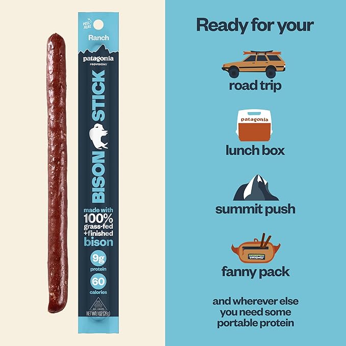 Patagonia Provisions Bison Sticks - Ranch | 100% Grass-Fed 8g of Protein 60 Calories | No Artificial Ingredients Added Flavors Fillers or Nitrates | Pack of 12 1 oz Each