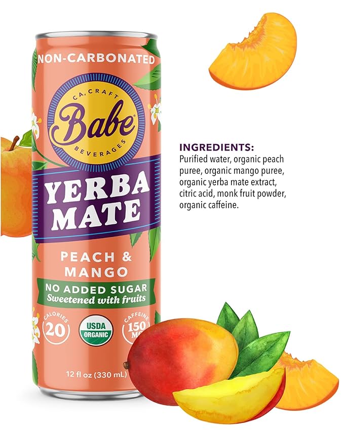 Babe Organic Yerba Mate Energy Drinks | 150mg Plant-Based Caffeine | Natural Yerba Mate Tea with No Crash No Jitters - Peach &amp Mango Zero Sugar (12 x 12oz Cans)