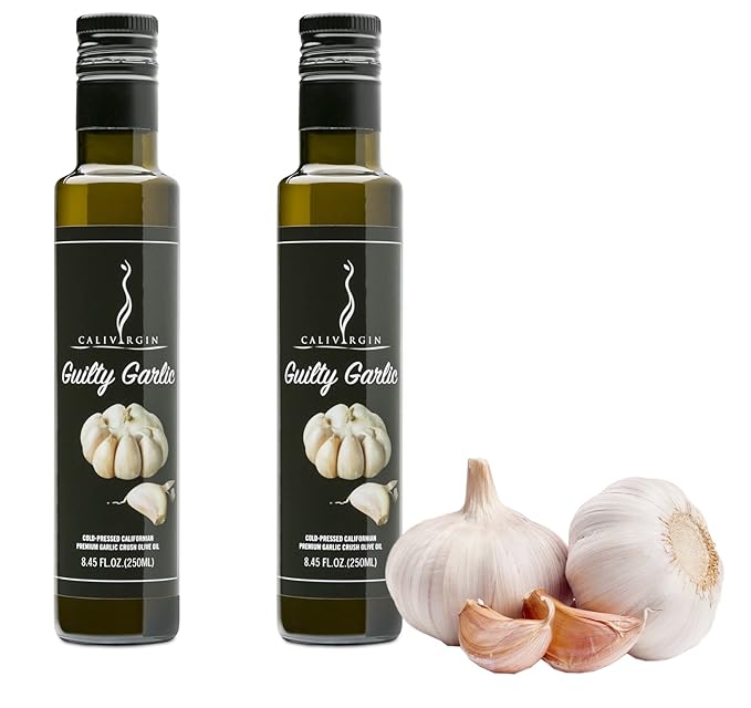 Calivirgin Guilty Garlic Flavor-Crushed Olive Oil (2-Bottle Bundle) - 100% Natural Fresh Flavor No Additives or Preservatives - Organically and Sustainably Grown in California (8.45 Fl.Oz. Each)
