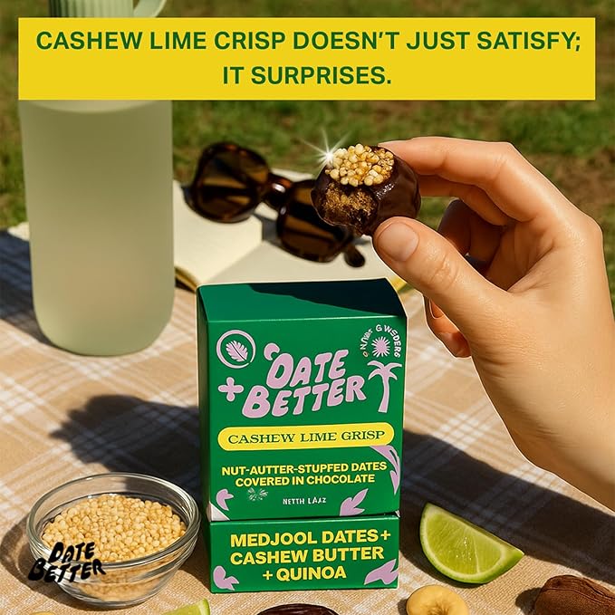 Date Better Cashew Lime Crisp Stuffed Medjool Dates - Dark Chocolate-Covered Dates Filled With Creamy Cashew Butter &amp Toasted Quinoa | No Artificial Sweeteners Gluten-Free &amp Vegan (6-Pack)