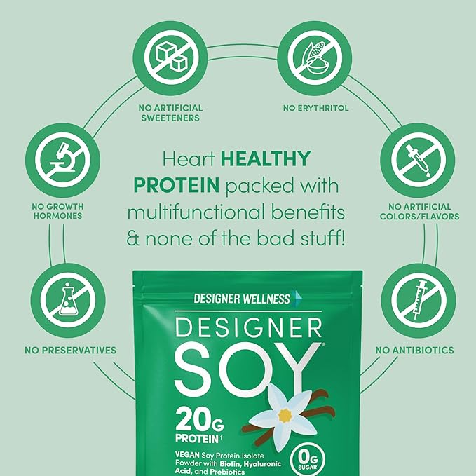 Designer Wellness Soy Isolate Protein Powder with Biotin Hyaluronic Acid and Prebiotics Vegan 0 Sugar Non-GMO Angel Cake Vanilla 1.87 lb