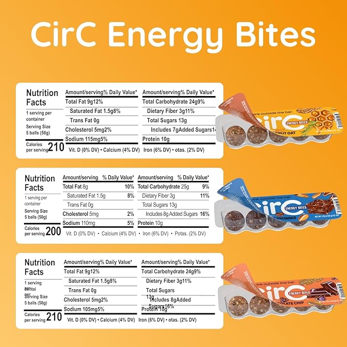 CirC Energy Bites - New Variety 6 Pack Gluten Free Protein Balls - 10g Protein Whole Grains Nuts &amp Fruit - Portable Healthy Snacks for Adults &amp Kids 5 Piece Resealable Packs