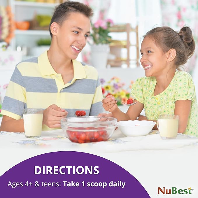 NuBest Tall Vanilla Plant-Based Protein Powder for Kids &amp Teens - Healthy &amp Immunity with Probiotics Omega 3-6-9 Vitamin D3 + K2 Calcium &amp Vitamins - 10 Servings | 2 Week Supply