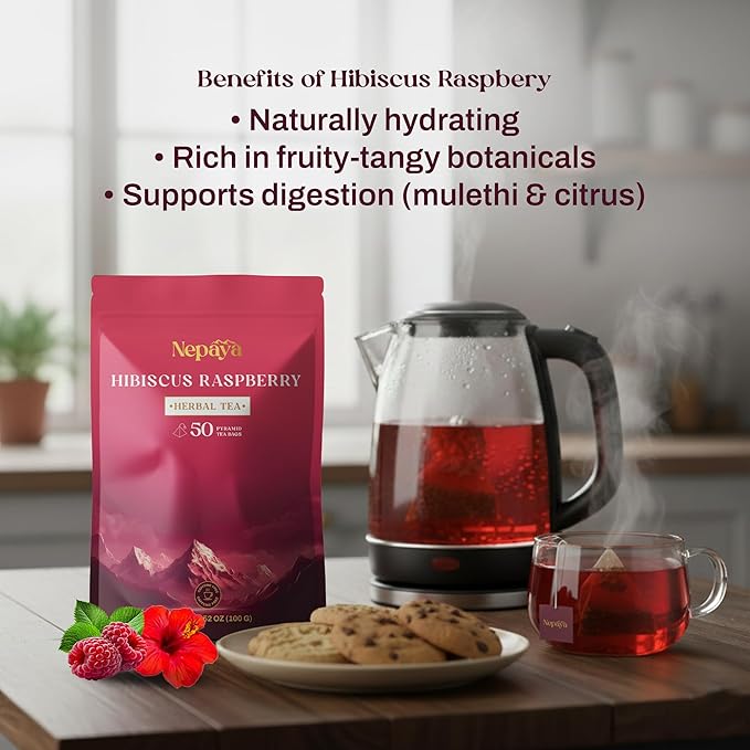 Hibiscus Raspberry Herbal Tea Bags Caffeine Free Pyramid Tea Bags Fruity Berry Blend with Rosehip Lemongrass &amp Orange Peel Hot or Ice Tea 50 Biodegradable Bags