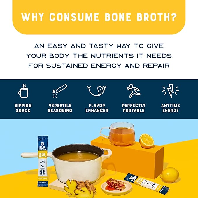 Bare Bones Lemon Ginger Bone Broth Instant Powdered Mix Packets | 5g Collagen | 10g Protein | Keto &amp Paleo Friendly | No Artificial Flavors | Rich Savory on-the-go 16 Pack