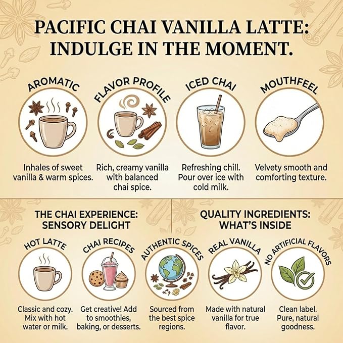 Pacific Chai Vanilla Chai Latte Mix Instant Chai Tea Latte Powder Drink Mix Gluten Free Kosher Spiced Tea Latte 3 LB