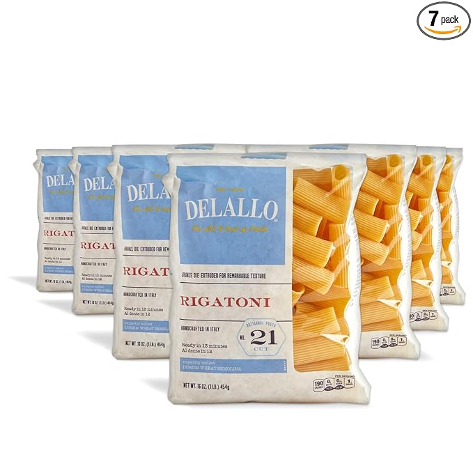 DeLallo Rigatoni Pasta 1 Pound Bag 7 Pack Made in Italy Cooks in 13 Minutes Made with Durum Wheat Semolina Flour Al Dente Texture Non-GMO