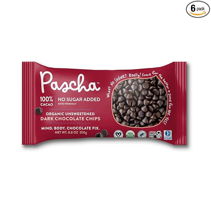 Pascha Organic 100% Cacao Baking Chips - Unsweetened Dark Chocolate - Sugar-Free Keto Vegan Baking Chocolate - Single Ingredient Rainforest Alliance Certified - Allergen-Free (Pack of 6)