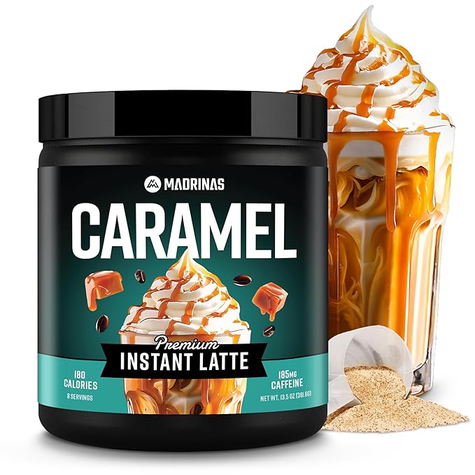 Premium All-Natural Caramel Flavored Instant Coffee Cold Brew Latte Mix - 8 Servings - High Caffeine Rich &amp Flavorful Gluten-Free Convenient | MADRINAS