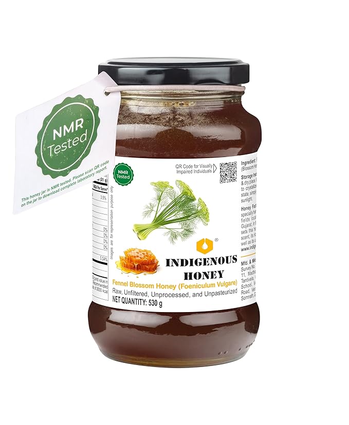 INDIGENOUS HONEY Fennel Saunf Honey Raw Organic Natural Pure Unprocessed NMR Tested Unpasteurized Unheated 530g Glass Jar Pack of 1