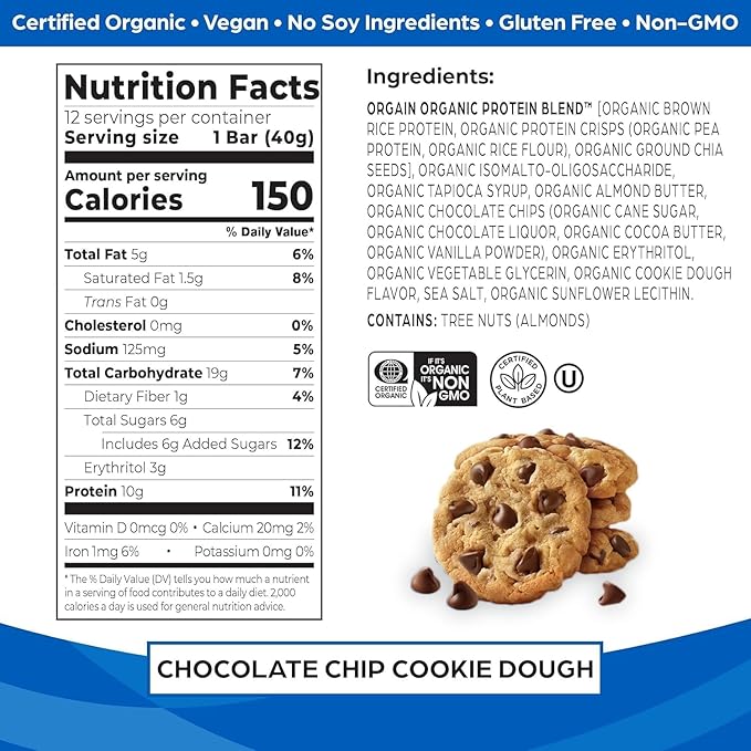 Orgain Organic Vegan Protein Bars Bundle - Chocolate Chip Cookie Dough &amp Peanut Butter Chocolate Chunk - 10g Plant Based Protein Gluten Free Non-GMO - 1.41 Oz (2 Pack of 12)