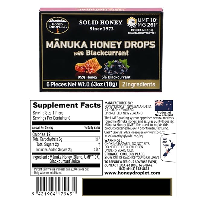 HONEY DROPLET] UMF™10+ (MG 261+) 100% Manuka Honey Drops Truly Natural from New Zealand 2 Premium Ingredients 12 Packs (Blackcurrant Flavor)