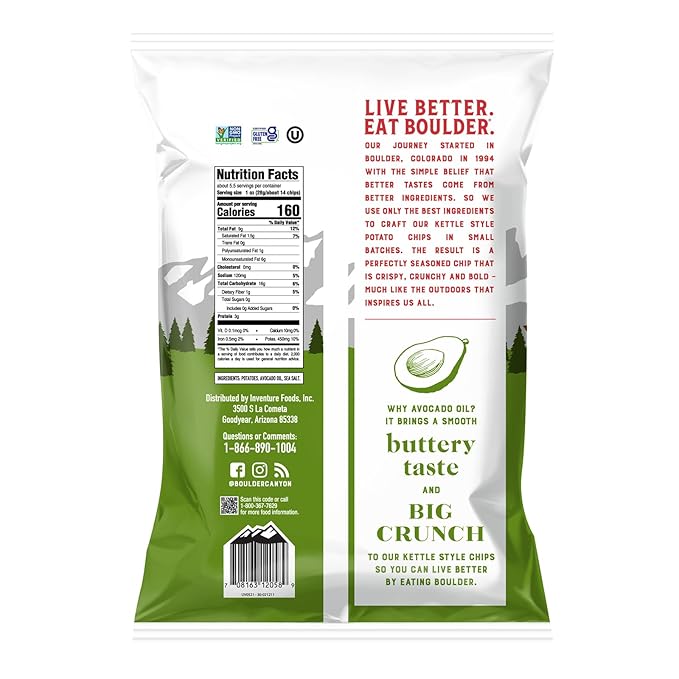 Boulder Canyon Classic Sea Salt Flavored Potato Chips Made With Avocado Oil Canyon Cut Gluten Free 5.25 Ounces (Pack Of 12)