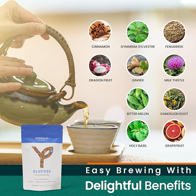 Herbaly Glucose Functional Tea - Vitality &amp Wellness - Gymnema Sylvestre Ceylon Cinnamon Bitter Melon Dandelion Root Fenugreek - Daily Teas - Organic Plant-Based Tea Bag Pyramids - 30 ct