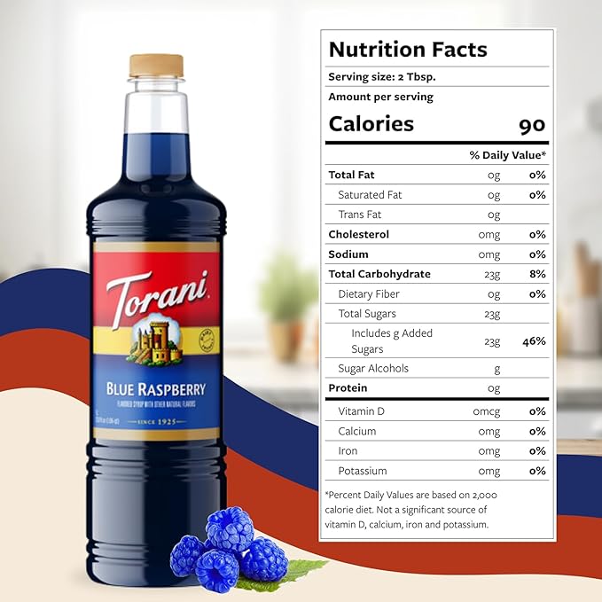 Torani Blue Raspberry Syrup 1 Liter Bottle with Pump Dispenser – Flavored Syrup with Pure Cane Sugar &amp Natural Ingredients – Perfect for Snow Cones Shakes Cocktails &amp Desserts
