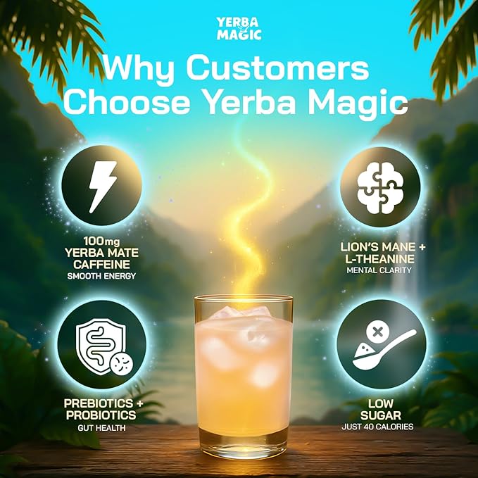 Yerba Magic – Yerba Mate Tea Instant Powder Super Drink with Nootropics Prebiotics &amp Probiotics – Clean Energy Mental Clarity &amp Gut Wellness | Low Sugar Natural Caffeine – Peach Mango 30 S