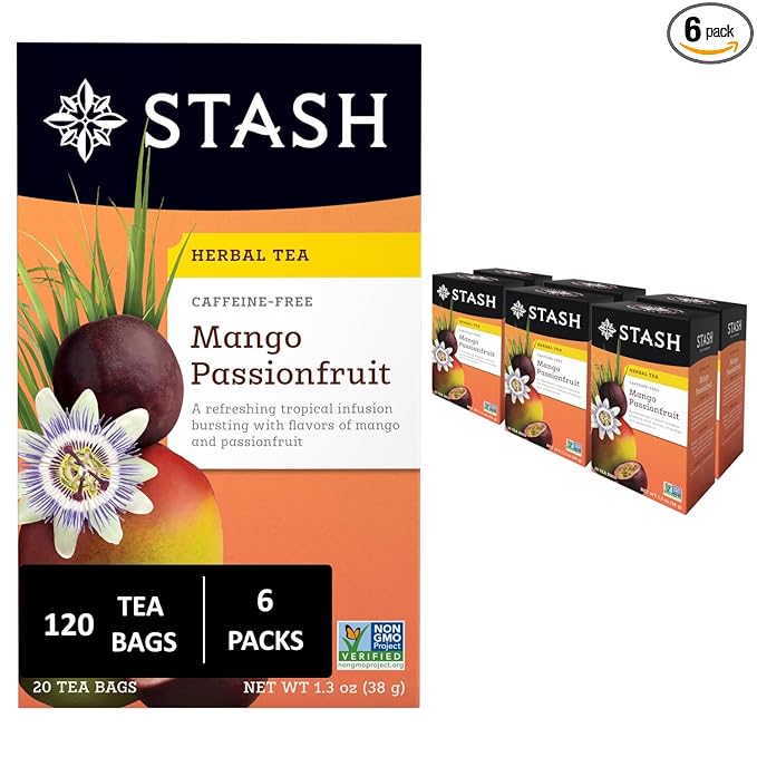 Stash Tea Mango Passionfruit Herbal Tea - Naturally Caffeine Free Non-GMO Project Verified Premium Tea with No Artificial Ingredients 20 Count (Pack of 6) - 120 Bags Total