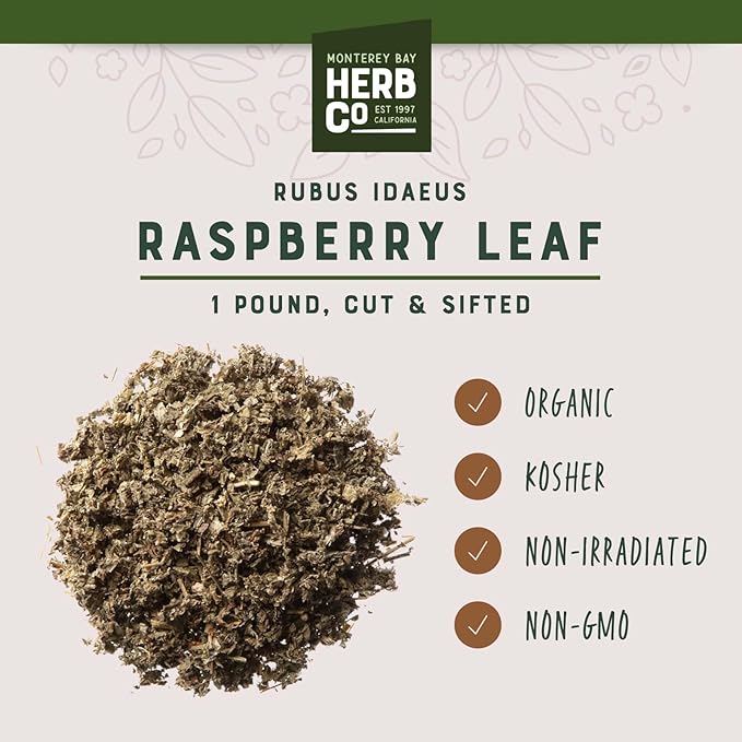 Certified Organic Raspberry Leaf Cut &amp Sifted by Herb Co 100% Natural for Herbal Tea &amp Skincare Kosher 1/4 lb