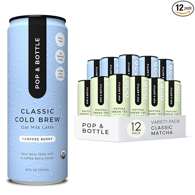 Pop &amp Bottle Classic and Matcha Oat Milk Lattes - Reishi and Maitake Mushrooms Green Tea Cold Brew Coffee Berry MCT Oil Organic Dairy &amp Gluten Free Vegan - 8 Fl Oz (Pack of 12) 6 Eac
