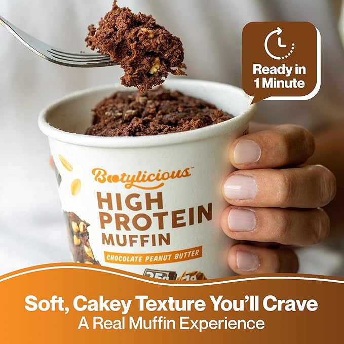 Bootylicious | High-Protein Muffin | 25g Protein 7g Net Carbs 2.32-2.75oz Cup 12-Pack (Chocolate Peanut Butter)