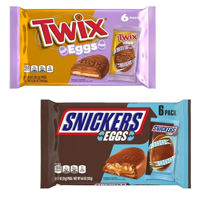 Snickers and Twix Eggs Variety Pack - Pack of 2-6 Eggs Per Pack - Classic Snickers and Twix Taste with a Twist - Perfect for Easter Baskets Individually Wrapped