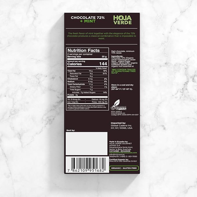 Hoja Verde Organic Dark Chocolate 72% Dark Chocolate and Mint I Vegan Gluten Free Soy Free Non GMO Paleo