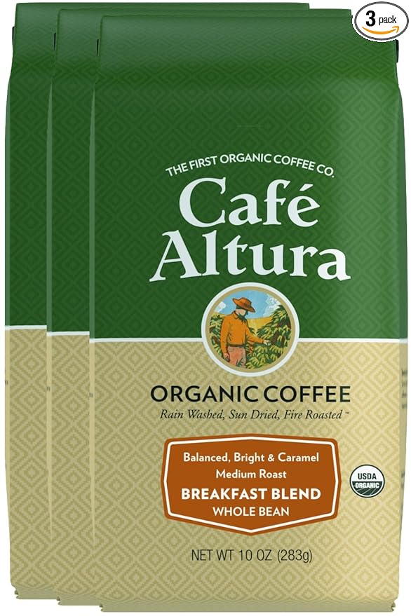 Café Altura Breakfast Blend Medium Roast Organic Whole Bean Coffee 10 oz Bag (Pack of 3)