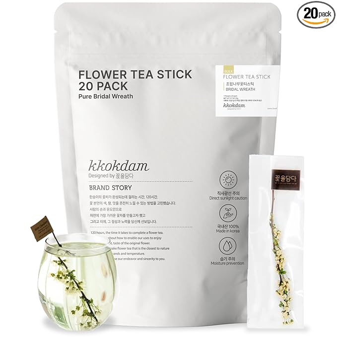 KKOKDAM Bridal Wreath Spiraea Flower Tea Sticks 20 Count - 100% Natural Edible Blooming Floral Tea Individually Wrapped in Bulk Pouch Caffeine-Free Herbal Tea Gifts
