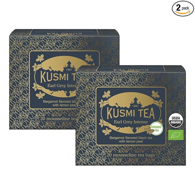 Kusmi Tea - Pack of 2 Boxes of Tea Bags - Earl Grey Intense - Organic Earl Grey Black Tea - Features Bolder Bergamot &amp Tangy Lemon - Strong Robust Caffeinated Tea - 2x20 Tea Bags