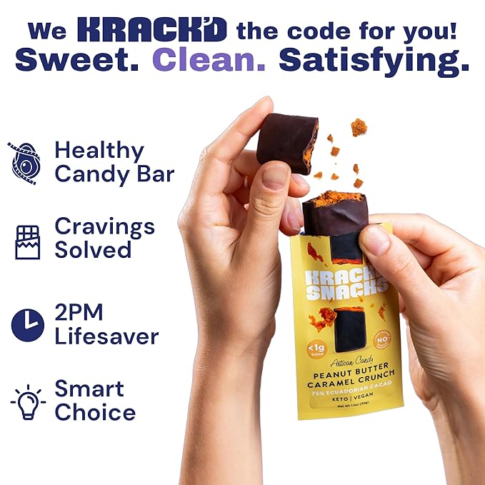 Krack’d Snacks Keto Chocolate Snack Bars 10 Pk | Handmade Low Carb Sugar Free Dark Chocolates with Peanut Butter Caramel Crunch Allulose | Vegan Non-GMO Gluten Free Chocolate Candy Bar