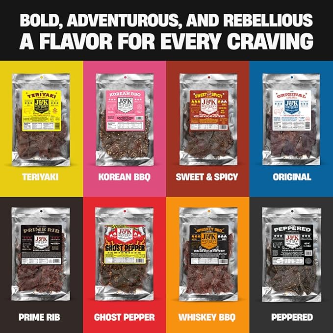 J&ampK Beef Jerky Bundle – 8 Bold Flavors Handcrafted &amp Double Tenderized 100% USDA Premium Beef Jerky 7oz Bags – Perfect for On-the-Go Snacking &amp Adventure