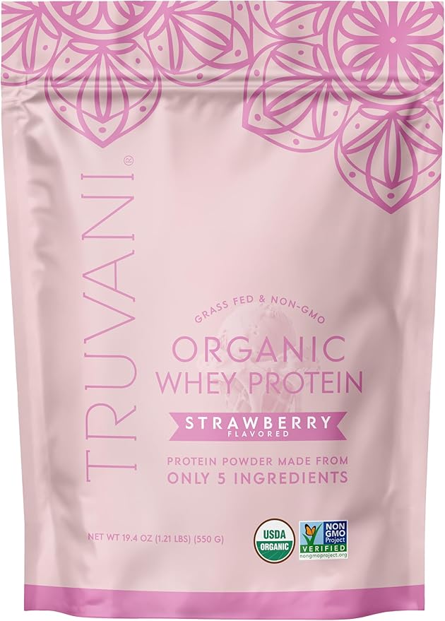 Truvani Organic Whey Protein Powder | Strawberry | 20g Grass Fed Whey Protein | 20 Servings | USDA Organic &amp Non-GMO | Gluten Free | No Gums No Soy No Stevia No Added Sugars