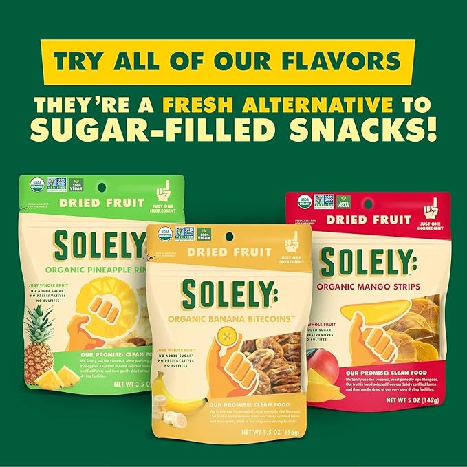 SOLELY - Organic Dried Mango Strips with Chili and Salt (2.8 oz Resealable Bags Pack of 4) Real Fresh Fruit - Healthy Snacks for Adults &amp Kids - Non GMO Vegan Snacks Shelf Stable - 4 Bags (11.2