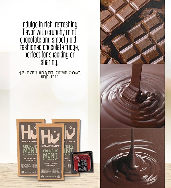 3x Hu Chocolate Crunchy Mint 2.1 oz Bundle with Claeys Old Fashioned Chocolate Fudge 1.75 oz – Organic and Vegan Bars for Snacking – Gift Set (4 Items)