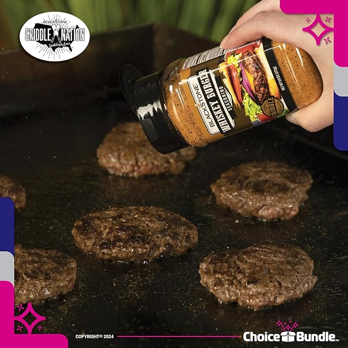 Blackstone Cheesesteak &amp Whiskey Burger Seasoning – Gourmet Griddle Premium BBQ Barbecue Rub 4 Pk Choice Bundle (33.8 oz) + BBQ Guide &amp Bottle Opener (6 Items)!