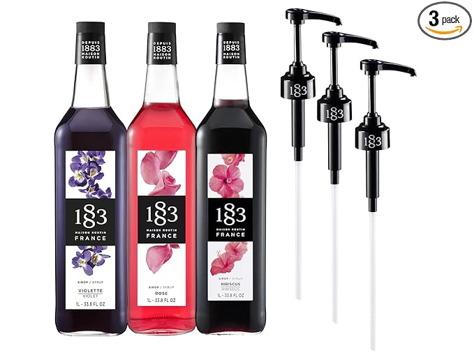 1883 Lavender Rose Hibiscus Syrups with Pumps (Floral Flavors) for Coffee &amp Drinks – 1 Liter Glass Bottles (Pack of 3)