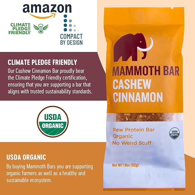 Cashew Cinnamon Bar- Organic Paleo Gluten Free and Raw by Mammoth Bar 10-12g Protein 1.8 Oz. Bar (10 Bars) …