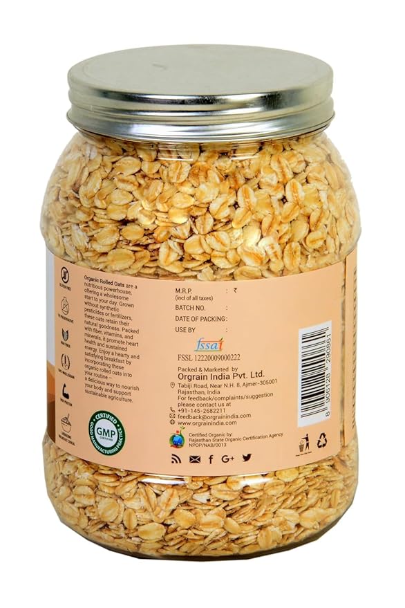 Orgrain India Organic Rolled Oats 500g (17.64 oz) Gluten Free Oats | Healthy Breakfast Cereal | Whole Grain Old Fashion Jumbo Rolled Oats with High Fibre Protein | Diet food for Weight Management