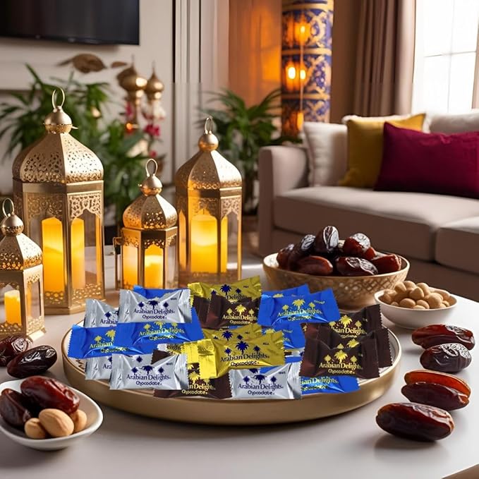 Intense Delish Chocolate Covered Almond Stuffed Dates - Arabian Delights Chocodate Assorted Pouch 460g – Premium Chocolate Dates Gift Pack in Milk Dark White &amp Coconut Chocolates Varieties