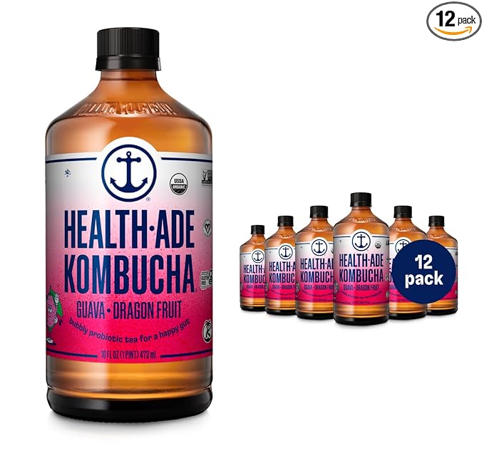 Health-Ade Kombucha Tea Organic Drink Fermented Tea with Living Probiotics Detoxifying Acids Supports Gut Health Non-GMO Vegan Gluten Free 12 Pack (16 Fl Oz Bottles) Guava Dragon Fruit