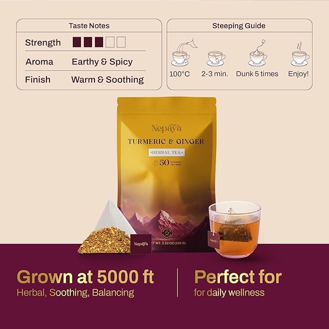 Turmeric Ginger Herbal Tea Bag 50 Count Pyramid Tea Bags From the Himalayas Caffeine Free Gluten Free warm and spicy Taste biodegradable Tea Bags