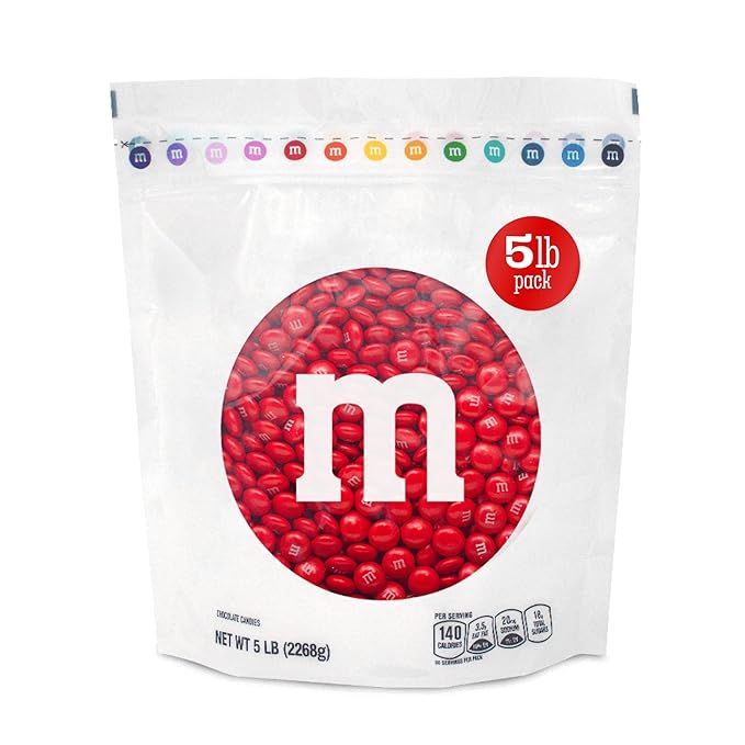 M&ampM’S WORLD Red Milk Chocolate Candy 5lb Resealable Pack for Candy Bars Birthday Parties 4th of July Christmas Valentine's Day Dessert Tables and Party Favors