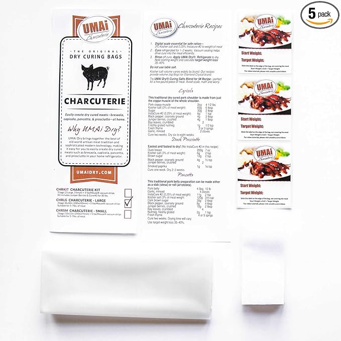 UMAi Dry Large Charcuterie Kit Easy Bundle Pack of 3 8x18 in Dry Aging Bags for 5 lbs of Meat Capicola Spice Blend &amp Premixed Curing Salt Create Gourmet Charcuterie Boards in Refrigerator Over