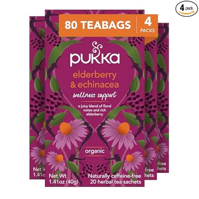 Pukka Elderberry &amp Echinacea Organic Herbal Tea Perfect for Wellness Support Caffeine Free 80 Total Tea Bags (20ct - Pack of 4)