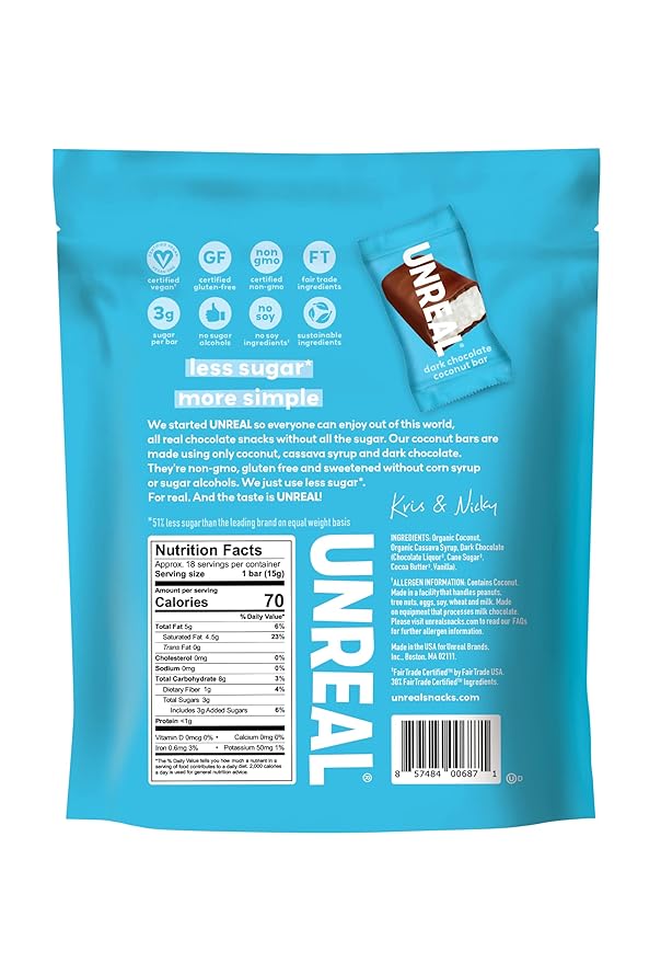 UNREAL Dark Chocolate Coconut Bars (2 Value Size Bags) | Vegan 3g Sugar &amp 3 Simple Ingredients | Non-GMO Gluten Free &amp Fair Trade | 9.5oz each