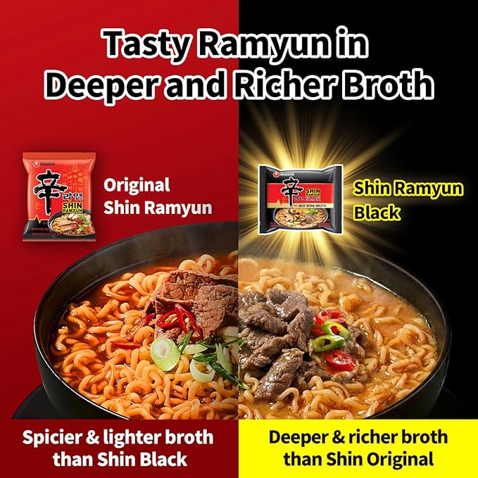 Nongshim Shin Ramyun Black Noodles Spicy Korean Signature Instant Ramyun Rich Beef Bone Broth Pantry Essential Korean Noodles Quick and Easy 4.58 oz (Pack of 16)