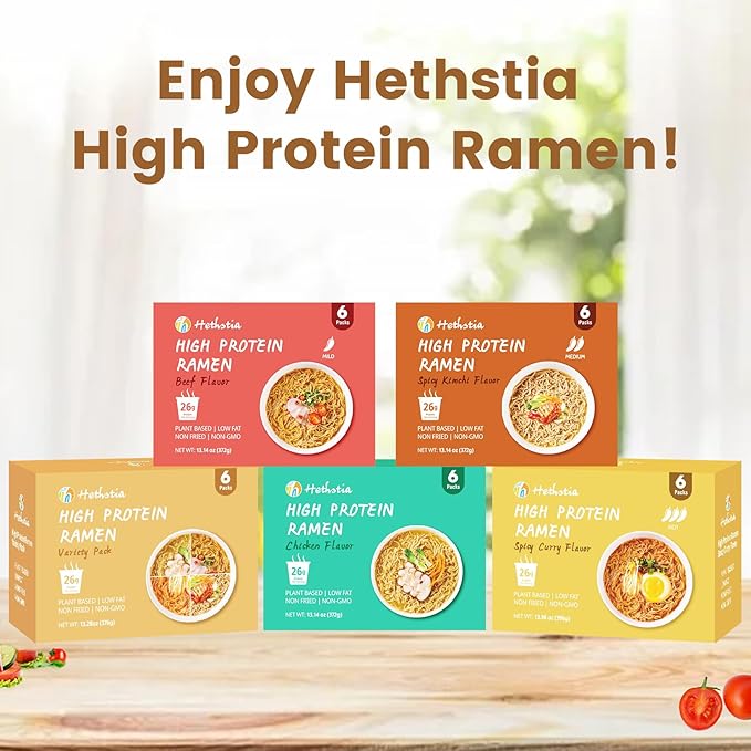 Hethstia High Protein (26g) Ramen Cup Noodles 6 Count Plant-Based Vegan Noodle Variety Pack - Chicken Spicy Beef Kimchi Curry | Non-Fried Low Sugar Low Fat | Ready to Eat Healthy Asian Meal